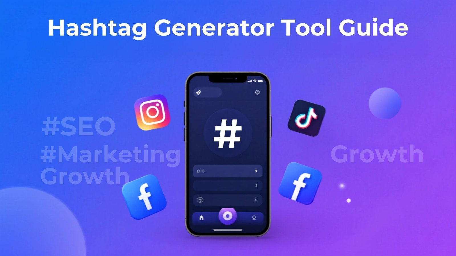 Hashtag Generator Tool guide showing social media icons and hashtags for Instagram TikTok and Facebook growth