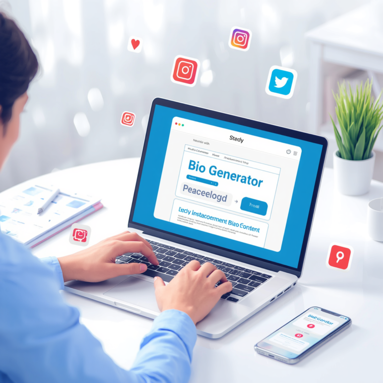 our free Bio generator tool guide showing laptop with Instagram bio creation interface