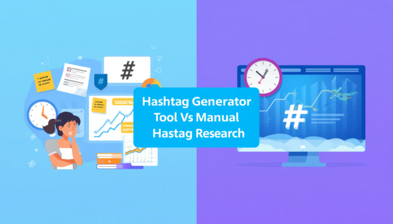 Hashtag Generator Tool vs Manual Hashtag Research comparison showing social media growth strategies and hashtag optimization methods